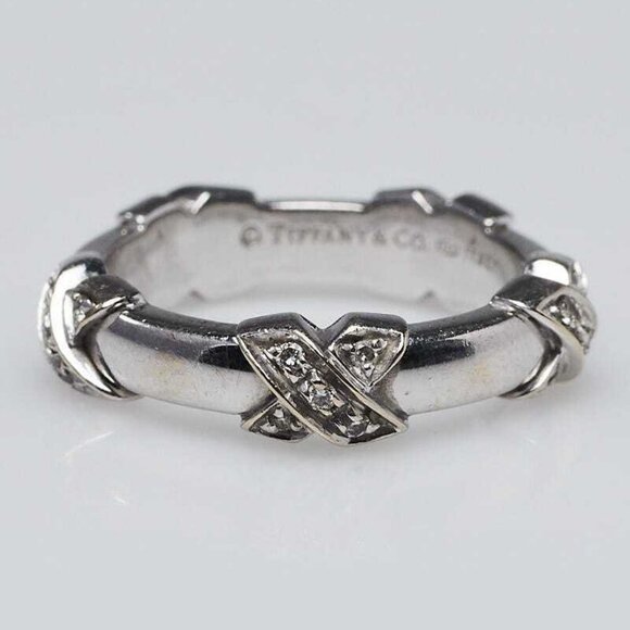 Tiffany & Co. 18k White Gold and Diamond Signature X Ring Size 5 - Picture 2 of 8